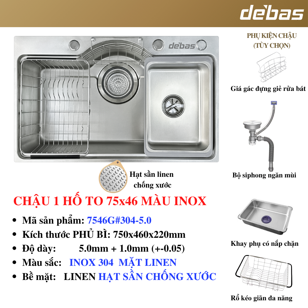 Chậu rửa bát chống xước 1 hố 100% inox 304 kiểu dáng Nhật hiện đại đa năng cao cấp Debas 7546 7848