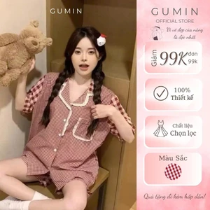 Set bộ kẻ caro đỏ GUMIN thiết kế áo cổ vest phối viền ren túi ngực kèm quần short tiểu thư sang chảnh