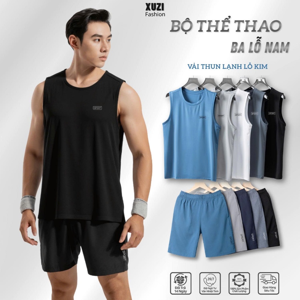 Bộ thể thao nam ba lỗ sát nách bộ tanktop gồm áo và quần vải thông hơi lỗ kim siêu mát mùa hè co dãn 4 chiều nhà XUZI