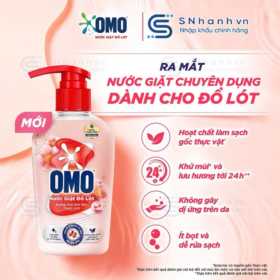 Nước giặt Đồ Lót Omo Hương Hoa Anh Đào Thanh Lịch diệt sạch vi khuẩn và an toàn cho da tay, chai 300G