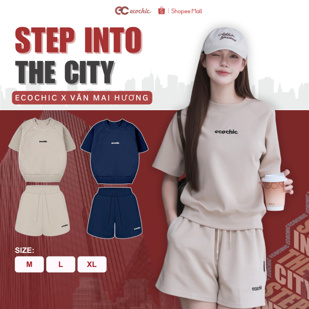(LINK SALE) Set Bộ Đùi Cộc ECOCHIC B224 Áo Cổ Tròn Basic Quần Ngắn Cạp Chun Chất Liệu Cotton Hàn Cao Cấp Mềm Mịn