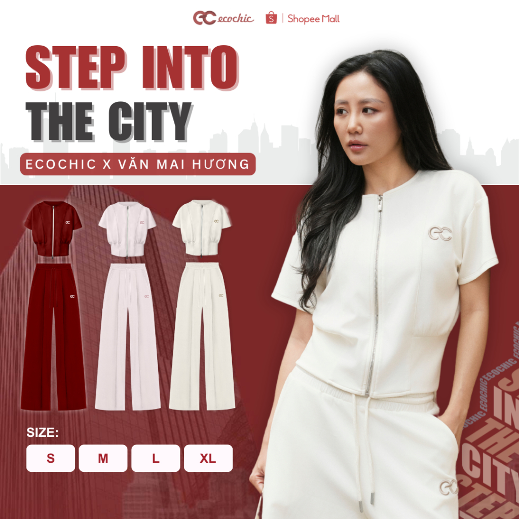 (ECC x Hương Giang) Set Bộ Áo Crop ECOCHIC B228 Áo Tay Ngắn Logo Thêu Quần Suông Cao Cấp Mềm Mịn