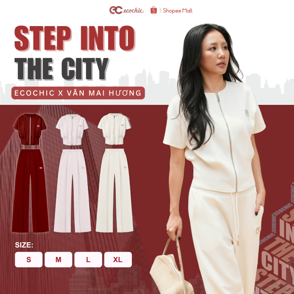 (ECC x Hương Giang) Set Bộ Áo Crop ECOCHIC B228 Áo Tay Ngắn Logo Thêu Quần Suông Cao Cấp Mềm Mịn