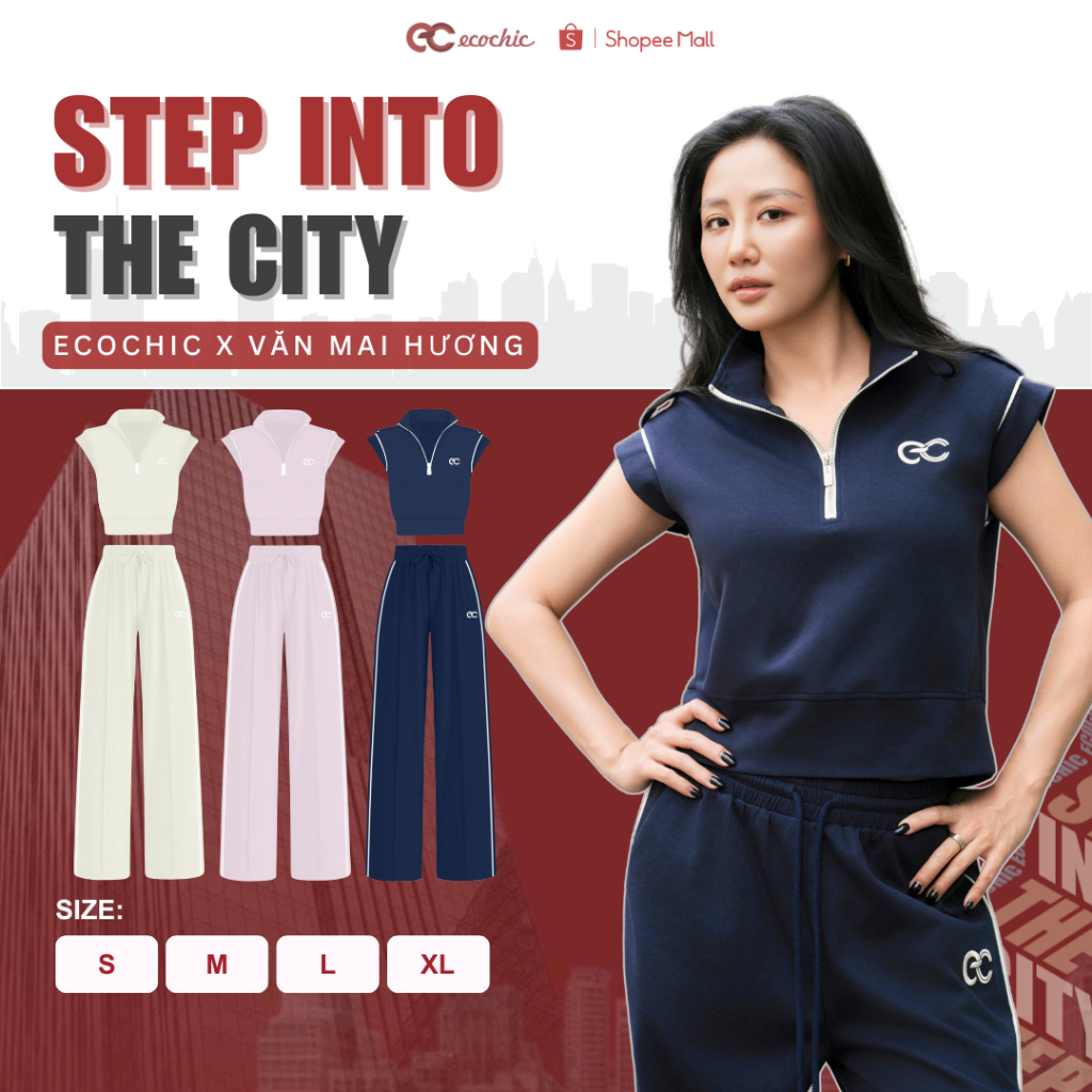 (LINK SALE) Set Bộ Hè ECOCHIC Áo Sát Nách Cổ Khoá Halfzip Form Ngắn Logo Thêu Quần Ống Suông Cao Cấp Mềm Mịn B229