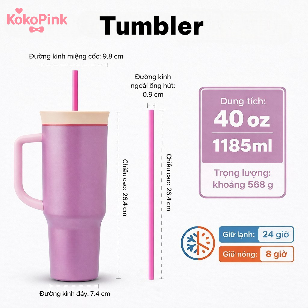 Bình Giữ Nhiệt 40oz KokoPink Có Quai Cầm Kèm Ống Hút, Ly Giữ Nhiệt Inox 1185ml Giữ Lạnh 24H Giữ Nóng 8H