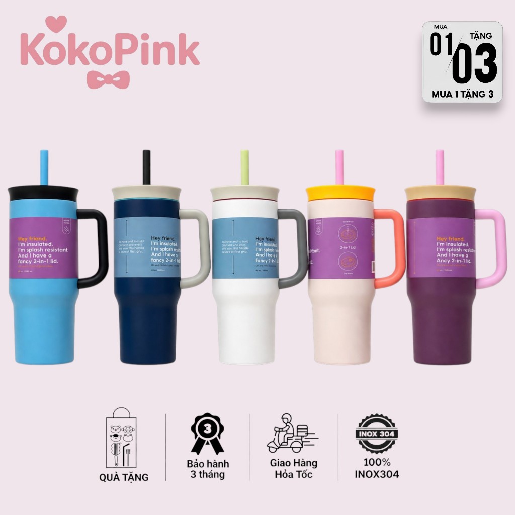 Bình Giữ Nhiệt 40oz KokoPink Có Quai Cầm Kèm Ống Hút, Ly Giữ Nhiệt Inox 1185ml Giữ Lạnh 24H Giữ Nóng 8H