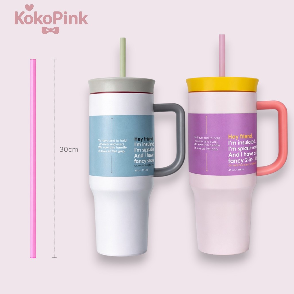 Bình Giữ Nhiệt 40oz KokoPink Có Quai Cầm Kèm Ống Hút, Ly Giữ Nhiệt Inox 1185ml Giữ Lạnh 24H Giữ Nóng 8H