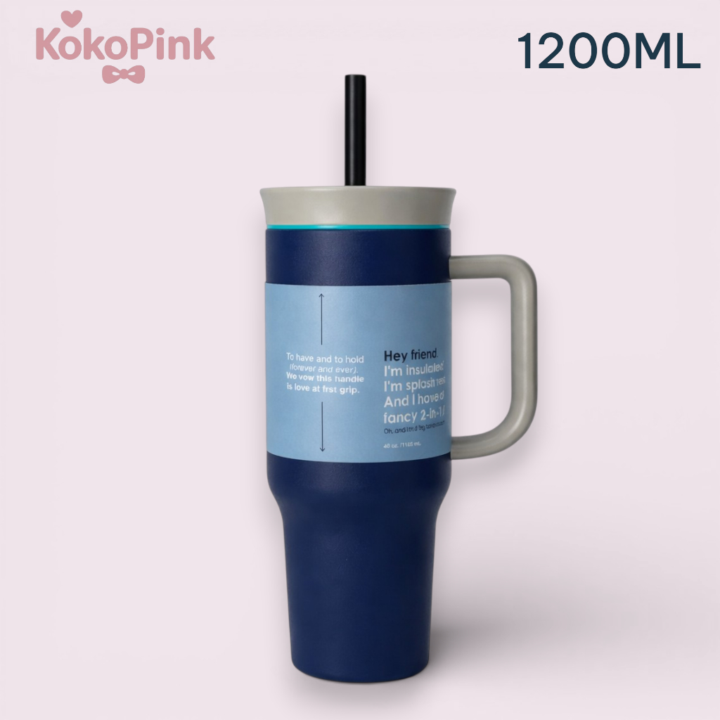 Bình Giữ Nhiệt 40oz KokoPink Có Quai Cầm Kèm Ống Hút, Ly Giữ Nhiệt Inox 1185ml Giữ Lạnh 24H Giữ Nóng 8H