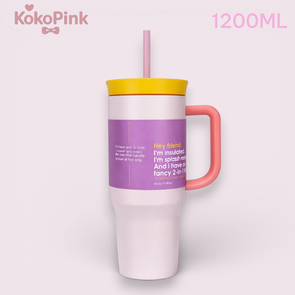 Bình Giữ Nhiệt 40oz KokoPink Có Quai Cầm Kèm Ống Hút, Ly Giữ Nhiệt Inox 1185ml Giữ Lạnh 24H Giữ Nóng 8H