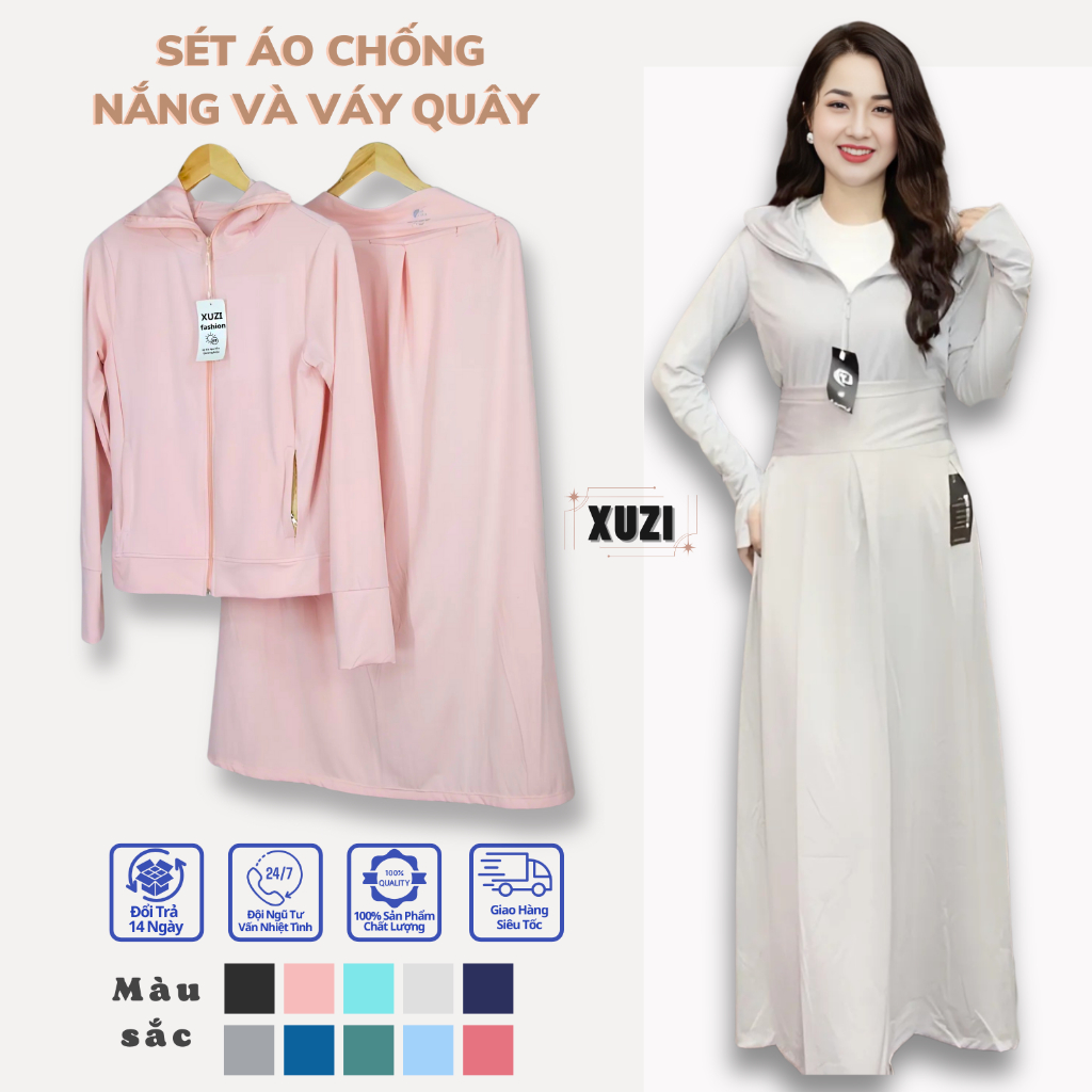 Sét áo chống nắng nữ 2 lớp gồm áo chống nắng 2 lớp và váy quây toàn thân vải thông hơi siêu mát co dãn bảo vệ làn da 50+