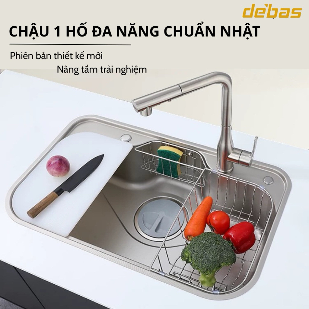 Chậu rửa bát chống xước 1 hố 100% inox 304 kiểu dáng Nhật hiện đại đa năng cao cấp Debas 7546 7848