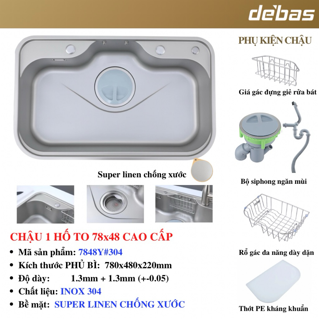 Chậu rửa bát chống xước 1 hố 100% inox 304 kiểu dáng Nhật hiện đại đa năng cao cấp Debas 7546 7848