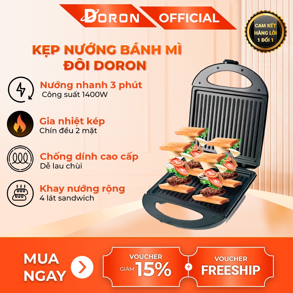 Máy ép nóng bánh mì DORON 1400W làm nóng đều 2 mặt khuôn, bánh thơm ngon
