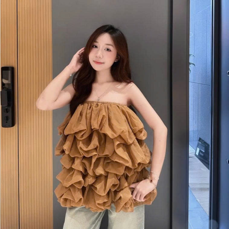 Áo Quây Nữ Tơ Lượn Sóng Xếp Tầng Bồng Bềnh Phong Cách Hàn Quốc, áo quây sang chảnh