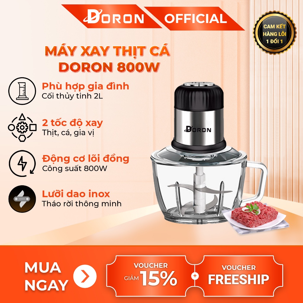 Máy xay thực phẩm DORON 800W cối 2 lít công suất cao, xay thịt nhanh chóng