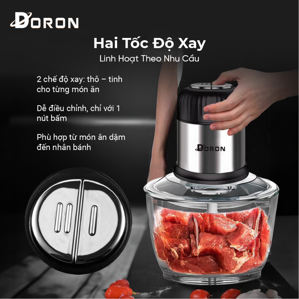 Máy xay thực phẩm DORON 800W cối 2 lít công suất cao, xay thịt nhanh chóng