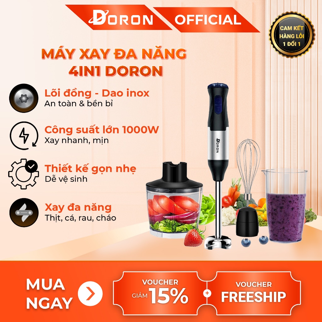 Máy xay sinh tố, bộ máy xay cầm tay DORON 1000W công suất cao, xay thực phẩm nhanh chóng