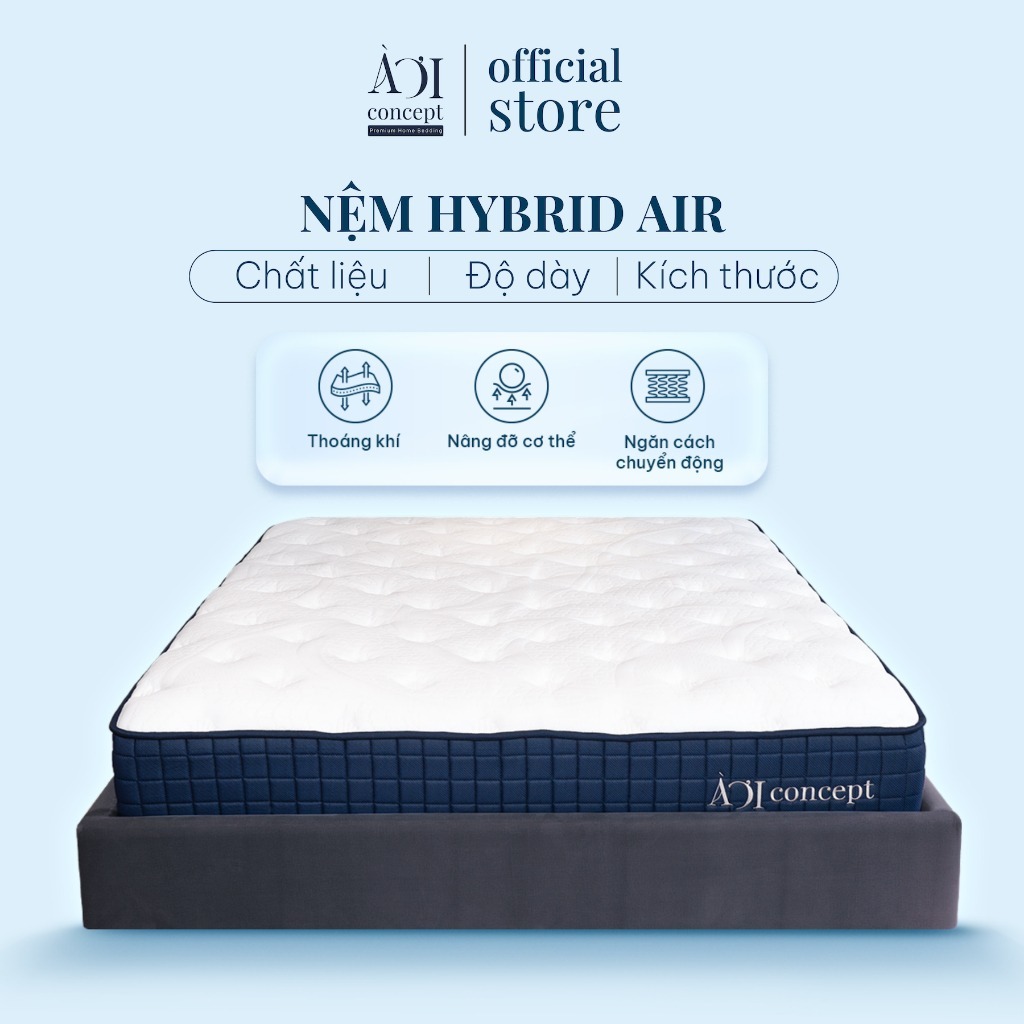 Nệm Hybrid Air Latex AOICONCEPT Size 1m6 & 1m8 cao 25cm Lò Xo Túi Độc Lập 5 Vùng Memory Foam Gel và Cao Su Thiên Nhiên