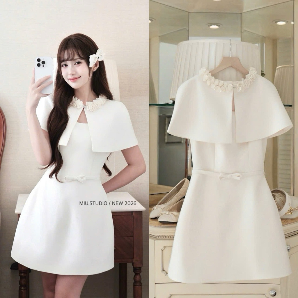 MIU.STUDIO • Set Đầm thiết kế dáng A phối cape cổ hoa cao cấp, Váy xoè tiểu thư đính nơ eo kèm áo choàng sang chảnh