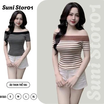 Áo thun trễ bẹt vai tay sọc nữ croptop áo phông nữ ôm body vải mịn co giãn 4 chiều - Sunni Stor01- Nữ A6