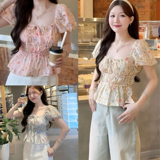 Áo Baby Doll Thêu Hoa Nữ Tay Phồng Thắt Nơ Ngực Lưng Chun Form Rộng Dễ Thương