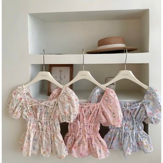 Áo Baby Doll Thêu Hoa Nữ Tay Phồng Thắt Nơ Ngực Lưng Chun Form Rộng Dễ Thương