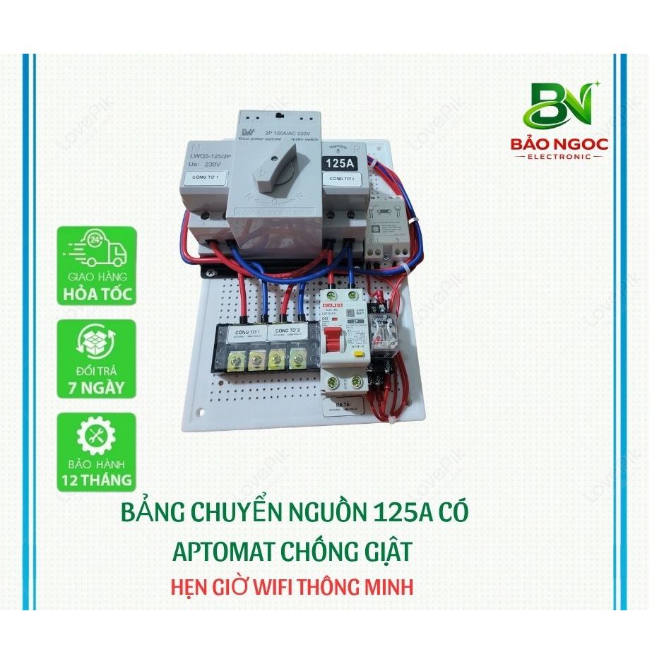 [MS2] Bảng chuyển nguồn 2 công tơ CÓ APTOMAT CHỐNG GIẬT - ats 125a- Cầu dao điện tự động- chuyển nguồn luân phiên 2 công