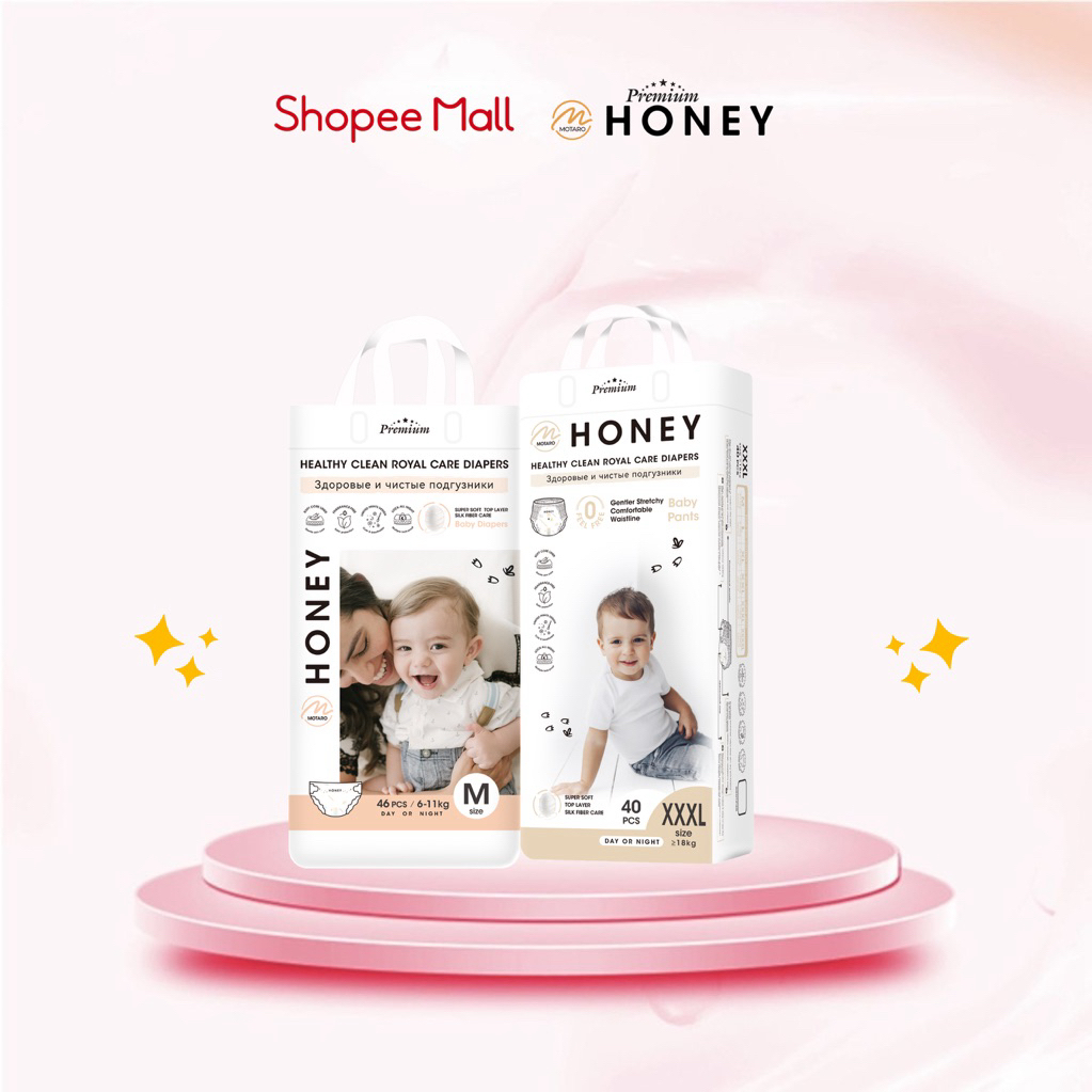 [KHÔNG QUÀ] Bỉm/tã HONEY dán/quần NB66/S52/M46/M52/L48/XL44/XXL42/XXXL40/XXXXL38-MOMO DIAMOND