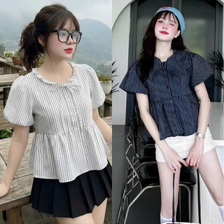 Áo Baby Doll Nữ Kẻ Sọc Cổ Yếm Buộc Dây Dáng Xoè Tiểu Thư Nhẹ Nhàng,Áo Sơ Mi Baby Doll Nữ Kẻ Sọc Cổ Yếm Buộc Dây Form Rộn