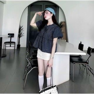 Áo Baby Doll Nữ Kẻ Sọc Cổ Yếm Buộc Dây Dáng Xoè Tiểu Thư Nhẹ Nhàng,Áo Sơ Mi Baby Doll Nữ Kẻ Sọc Cổ Yếm Buộc Dây Form Rộn