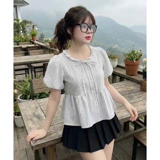 Áo Baby Doll Nữ Kẻ Sọc Cổ Yếm Buộc Dây Dáng Xoè Tiểu Thư Nhẹ Nhàng,Áo Sơ Mi Baby Doll Nữ Kẻ Sọc Cổ Yếm Buộc Dây Form Rộn