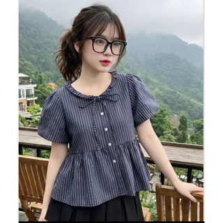 Áo Baby Doll Nữ Kẻ Sọc Cổ Yếm Buộc Dây Dáng Xoè Tiểu Thư Nhẹ Nhàng,Áo Sơ Mi Baby Doll Nữ Kẻ Sọc Cổ Yếm Buộc Dây Form Rộn