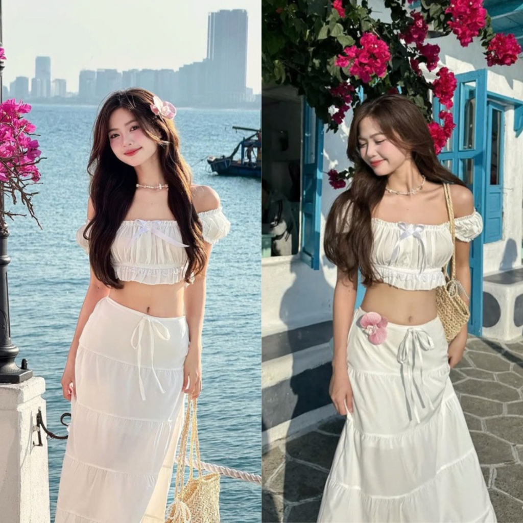 [SẴN MÚT] Set Váy Maxi 2 Món Đi Biển Trễ Vai Cúp Ngực Cột Nơ, Chân Váy Dài Cạp Chun Tầng Tơ Xốp Trắng Viền Ren Siêu Xinh