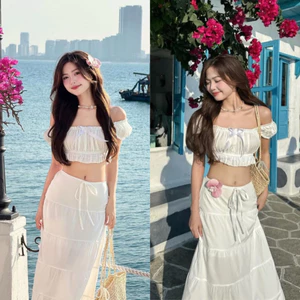 Set Váy Maxi 2 Món Đi Biển Trễ Vai Cúp Ngực Cột Nơ, Chân Váy Dài Cạp Chun Tầng Tơ Xốp Trắng Viền Ren Siêu Xinh