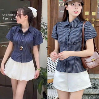 Áo Sơ Mi Nữ Tay Ngắn Tay Bồng Cổ Buộc Dây Chiết Eo Form Lửng Tôn Dáng