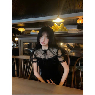 •𝙆𝙞𝙣𝙜𝙨𝙝𝙤𝙥𝙗𝙚𝙖𝙪𝙩𝙮•Áo Nhung Tiểu Thư Phối Cổ Lưới QC