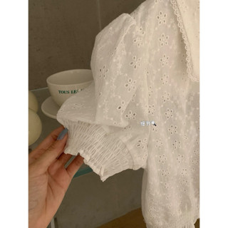 𝐏𝐡𝐢𝐞𝐧 𝐖𝐆𝐖𝐄 | (Sẵn) w9187 Áo Sơ Mi Thêu Chỉ Trắng Hình Hoa Nhỏ Cổ Bẻ Cộc Tay
