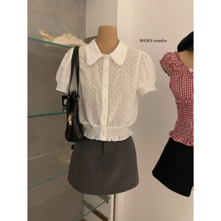 𝐏𝐡𝐢𝐞𝐧 𝐖𝐆𝐖𝐄 | (Sẵn) w9187 Áo Sơ Mi Thêu Chỉ Trắng Hình Hoa Nhỏ Cổ Bẻ Cộc Tay