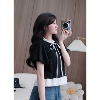 Áo Thun Nỉ Tăm Nữ Thêu Thỏ Cổ Bèo Nơ Buộc Tay Bồng 2 Lớp Dáng Baby Doll