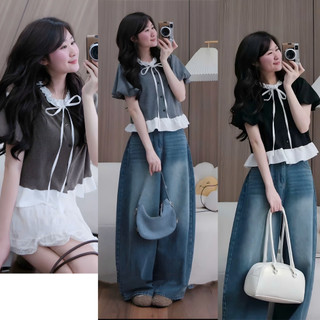 Áo Thun Nỉ Tăm Nữ Thêu Thỏ Cổ Bèo Nơ Buộc Tay Bồng 2 Lớp Dáng Baby Doll