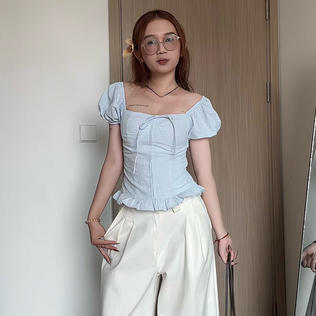 Yun Linen Top - Áo linen tay bồng kiểu, phối chun