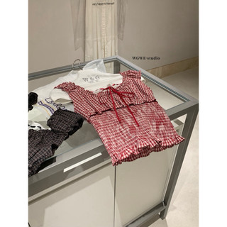 𝐏𝐡𝐢𝐞𝐧 𝐖𝐆𝐖𝐄 | (Sẵn) w9096 Áo Kiểu Trễ Vai Bo Chun Nhỏ Hoạ Tiết Kẻ Caro