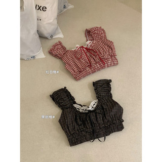 𝐏𝐡𝐢𝐞𝐧 𝐖𝐆𝐖𝐄 | (Sẵn) w9096 Áo Kiểu Trễ Vai Bo Chun Nhỏ Hoạ Tiết Kẻ Caro