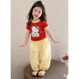 Set Bé Gái Kitty Áo Thun + Quần  Đũi Ống Phồng – Mặc Mát, Dễ Thương size 9-25kg