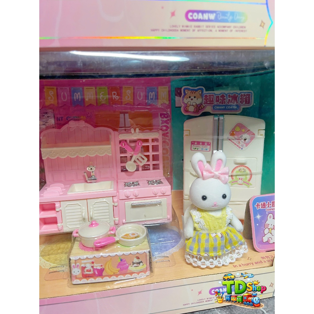 Bộ đồ chơi nhà búp bê thỏ mini cho bé gái, set phòng tắm & bếp đầy đủ phụ kiện, đồ chơi an toàn 3+