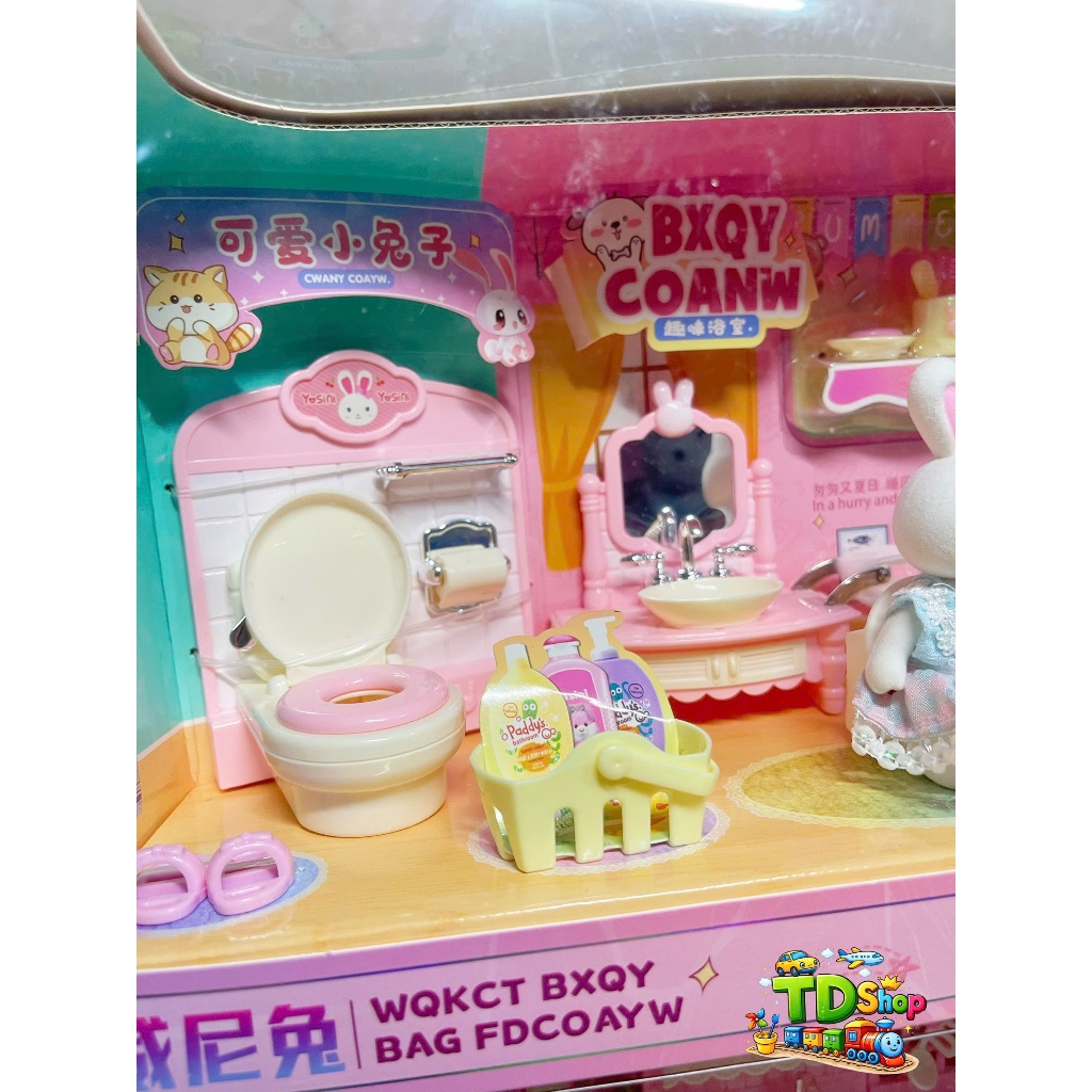 Bộ đồ chơi nhà búp bê thỏ mini cho bé gái, set phòng tắm & bếp đầy đủ phụ kiện, đồ chơi an toàn 3+