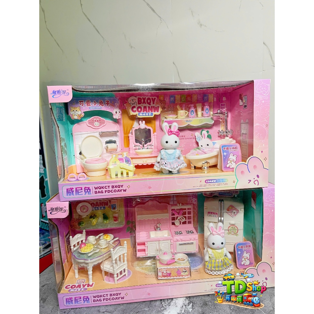 Bộ đồ chơi nhà búp bê thỏ mini cho bé gái, set phòng tắm & bếp đầy đủ phụ kiện, đồ chơi an toàn 3+