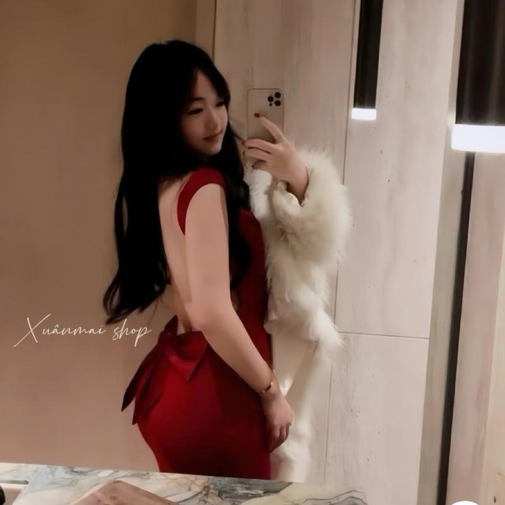 Đầm dây ôm NƠ SAU HỞ LƯNG đệm mút nơ sau hở lưng dáng dài và ngắn chất Ladong Xuân Mai s