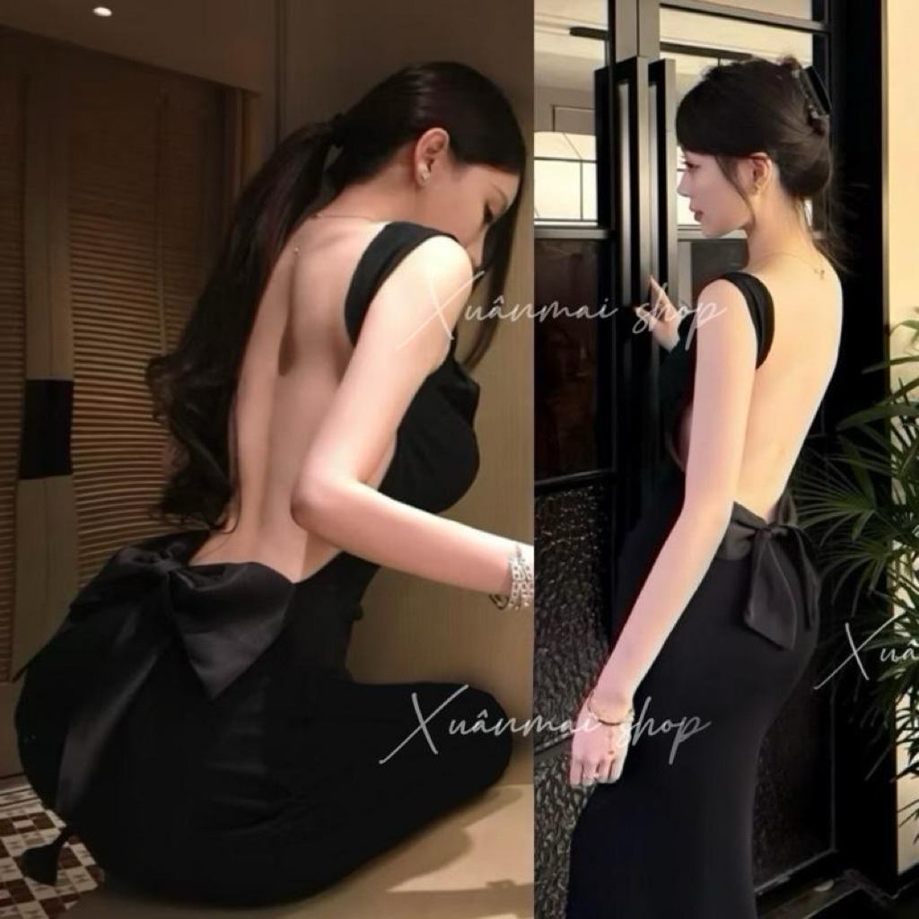 Đầm dây ôm NƠ SAU HỞ LƯNG đệm mút nơ sau hở lưng dáng dài và ngắn chất Ladong Xuân Mai s