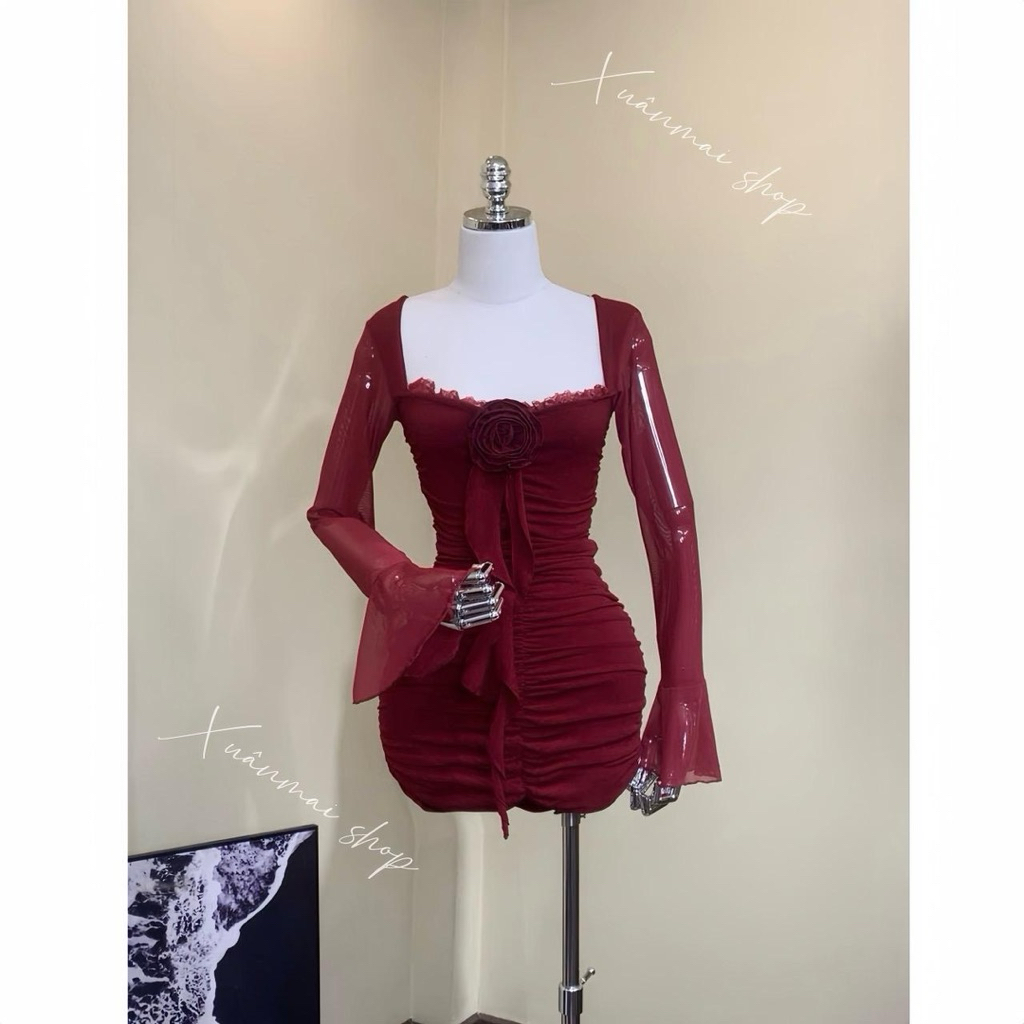 Đầm HOA TRƯỚC TUA RUA tay loe lưới nhúm hông ngắn chất Ladong XuânMai shop - Nữ